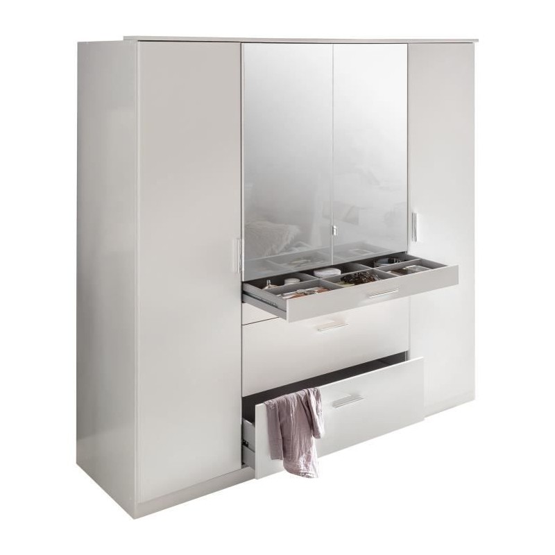 Armoire - Décor blanc - 4 portes battantes + 4 tiroirs + miroirs - L1 Armoire - Décor blanc - 4 portes battantes + 4 tiroirs + miroirs - L1