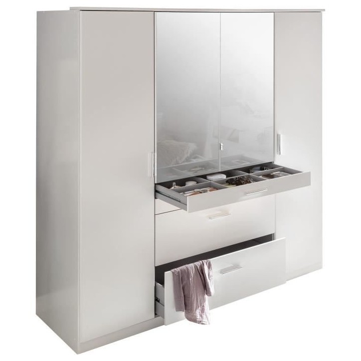 Armoire - Décor blanc - 4 portes battantes + 4 tiroirs + miroirs - L180 x P58 x H199 cm