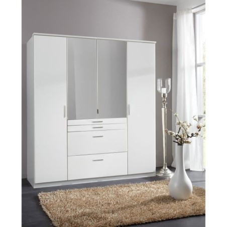Armoire - Décor blanc - 4 portes battantes + 4 tiroirs + miroirs - L180 x P58 x H199 cm