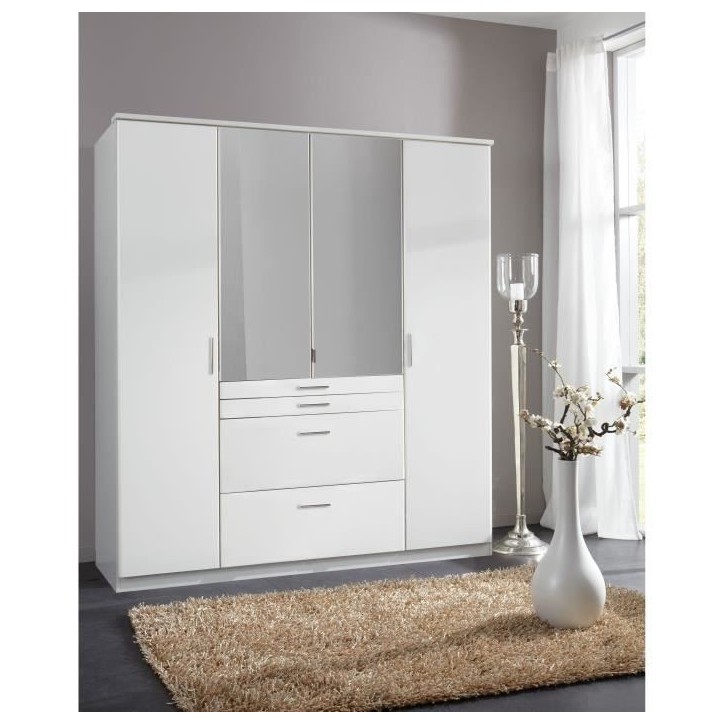Armoire - Décor blanc - 4 portes battantes + 4 tiroirs + miroirs - L180 x P58 x H199 cm