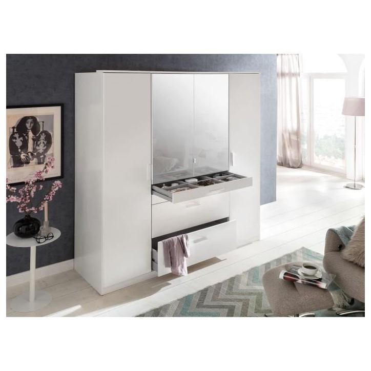 Armoire - Décor blanc - 4 portes battantes + 4 tiroirs + miroirs - L180 x P58 x H199 cm