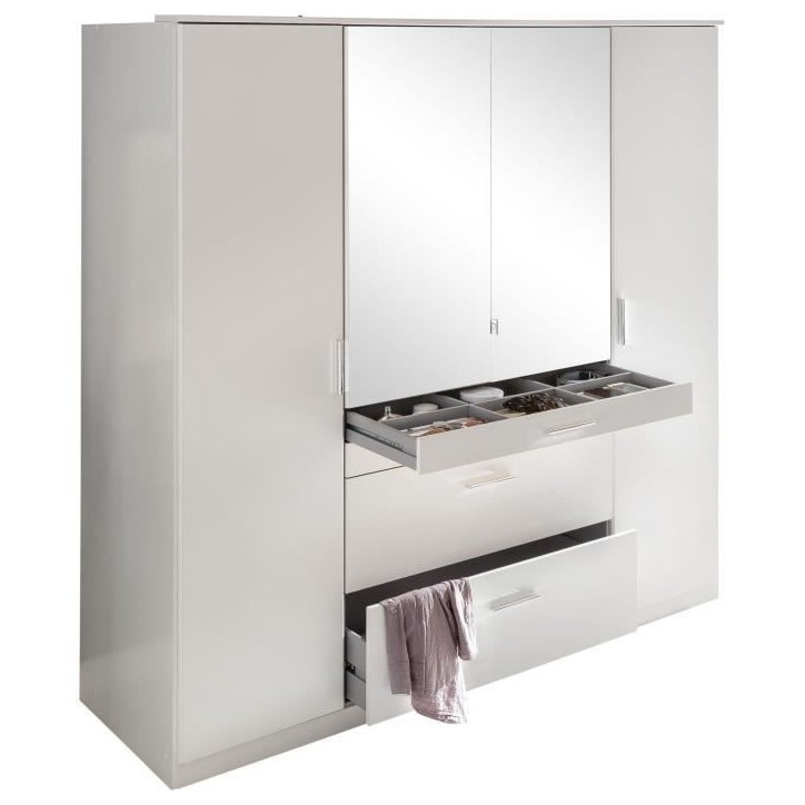 Armoire - Décor blanc - 4 portes battantes + 4 tiroirs + miroirs - L180 x P58 x H199 cm