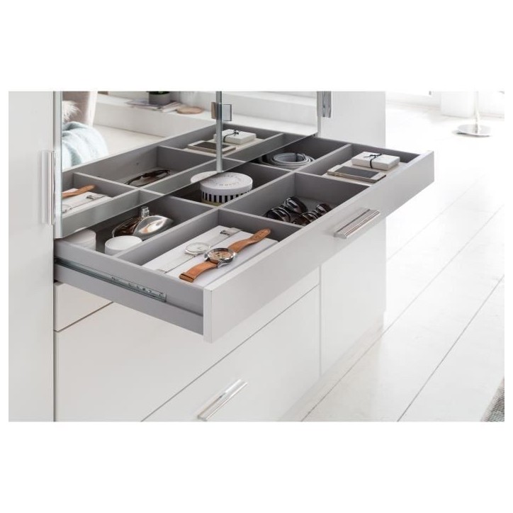 Armoire - Décor blanc - 4 portes battantes + 4 tiroirs + miroirs - L180 x P58 x H199 cm