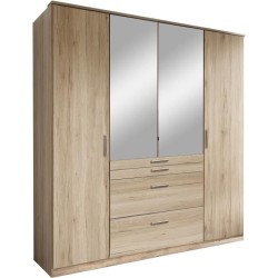 Armoire - Décor chene - 4 portes battantes + 4 tiroirs + miroirs - L1