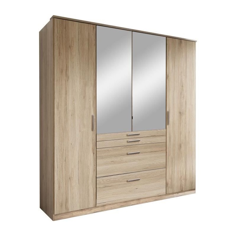 Armoire - Décor chene - 4 portes battantes + 4 tiroirs + miroirs - L1 Armoire - Décor chene - 4 portes battantes + 4 tiroirs + miroirs - L1