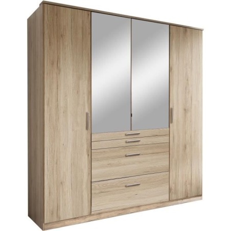 Armoire - Décor chene - 4 portes battantes + 4 tiroirs + miroirs - L1