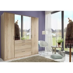 Armoire - Décor chene - 4 portes battantes + 4 tiroirs + miroirs - L1
