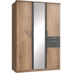 Armoire Décor Chene poutre & Graphite - 4 portes battantes - Miroir -