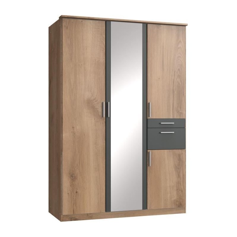 Armoire Décor Chene poutre & Graphite - 4 portes battantes - Miroir - Armoire Décor Chene poutre & Graphite - 4 portes battantes - Miroir -