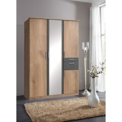 Armoire Décor Chene poutre & Graphite - 4 portes battantes - Miroir -