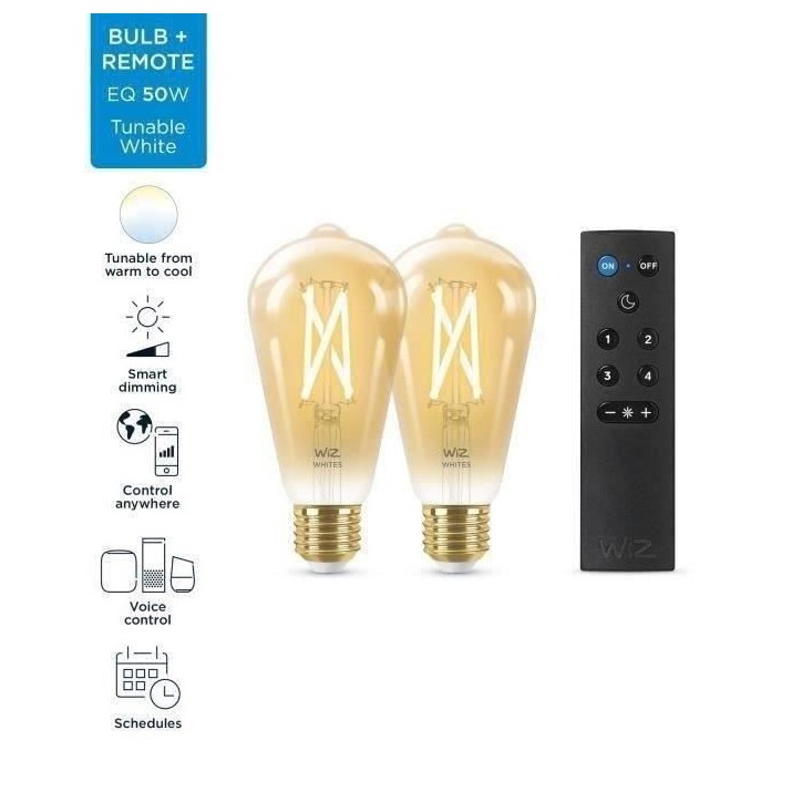 Kit de démarrage WiZ 2 ampoules connectées Edison Blanc variable E27 50W + Télécommande nomade variateur de lumiere Kit de démarrage WiZ 2 ampoules connectées Edison Blanc variable E27 50W + Télécommande nomade variateur de lumiere