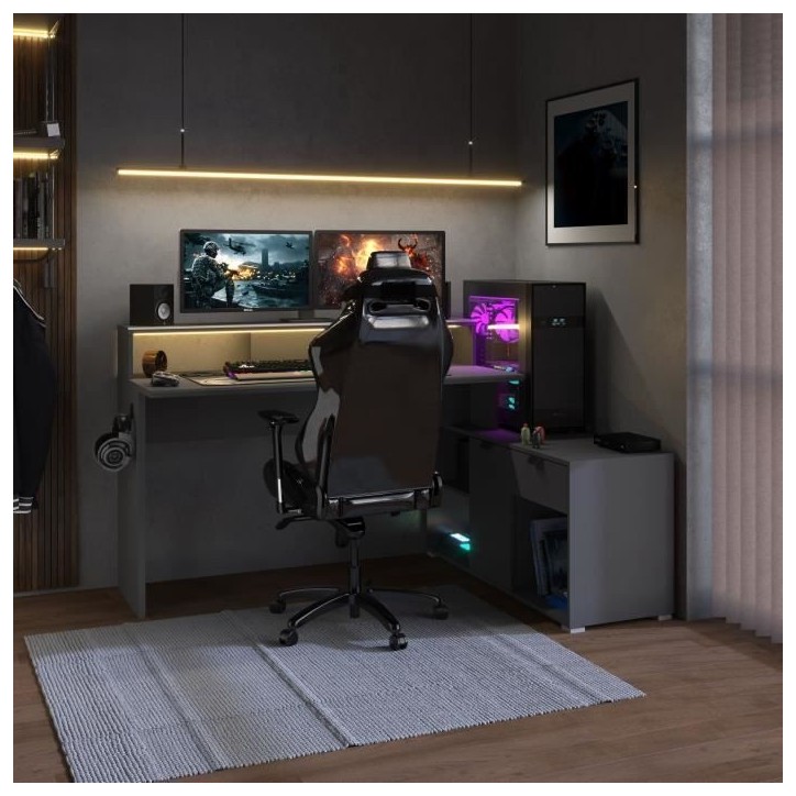 Bureau d'angle modulable avec led - WORTEX - Gris ombre - 167,7/229,2 x 59,7/109,7 x 94,8 cm - PARISOT Bureau d'angle modulable avec led - WORTEX - Gris ombre - 167,7/229,2 x 59,7/109,7 x 94,8 cm - PARISOT