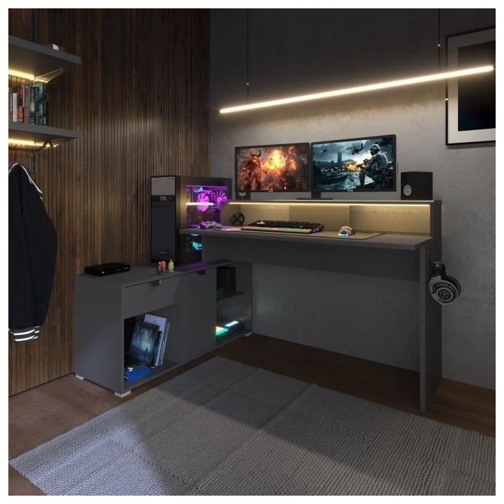 Bureau d'angle modulable avec led - WORTEX - Gris ombre - 167,7/229,2 x 59,7/109,7 x 94,8 cm - PARISOT Bureau d'angle modulable avec led - WORTEX - Gris ombre - 167,7/229,2 x 59,7/109,7 x 94,8 cm - PARISOT