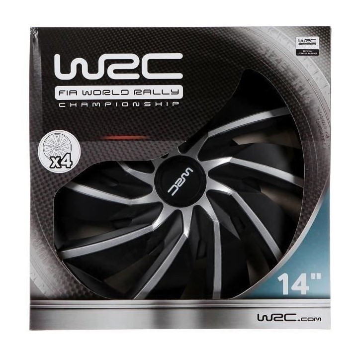 Lot de 4 enjoliveurs Bi-couleur gris & noir 14 pouces - WRC - TURBO - Look racing - Fixation simple et rapide par clips
