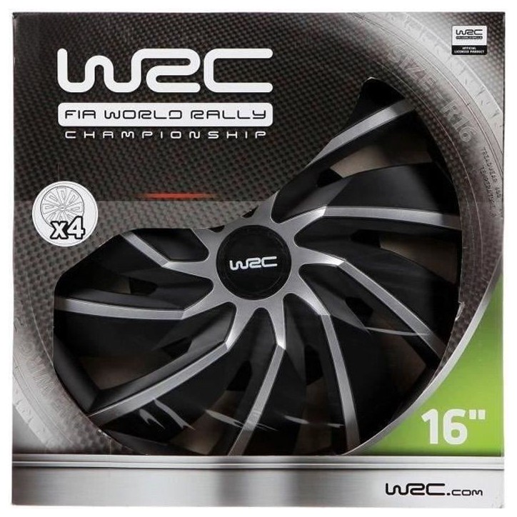 Lot de 4 enjoliveurs Bi-couleur gris & noir 16 pouces - WRC - TURBO - Look racing - Fixation simple et rapide par clips