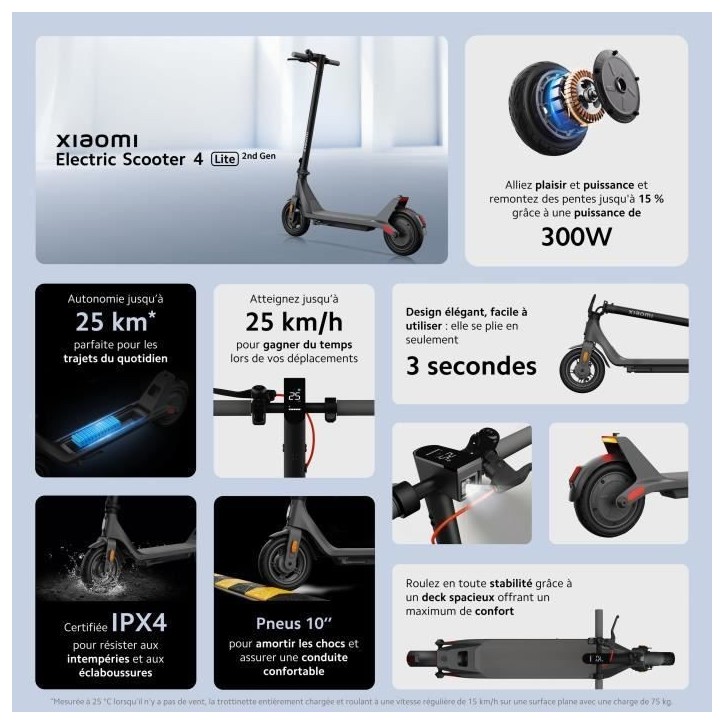 Trottinette électrique - XIAOMI - Electric Scooter 4 Lite 2nd Gen - Pneus 10 - 300W Max - 10,4Ah - Autonomie 25km Trottinette électrique - XIAOMI - Electric Scooter 4 Lite 2nd Gen - Pneus 10 - 300W Max - 10,4Ah - Autonomie 25km