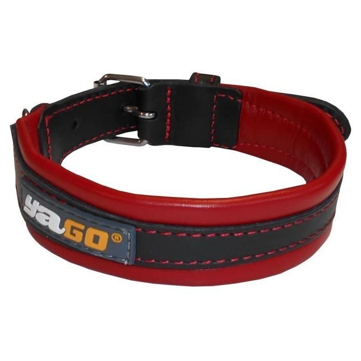 YAGO Collier en Cuir Noir et Rouge Souple et Réglable pour moyen chien, taille M 34-43 cm