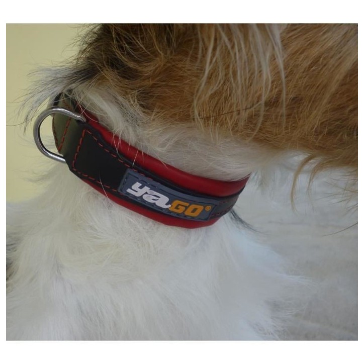 YAGO Collier en Cuir Noir et Rouge Souple et Réglable pour moyen chien, taille M 34-43 cm