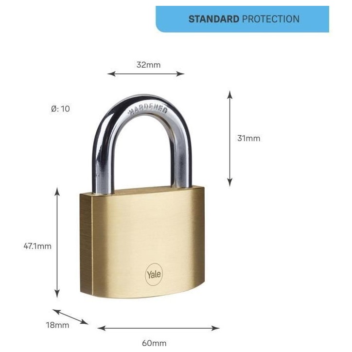 Cadenas laiton - YALE - Y110B/60/132/1 - 60 mm - Anse acier cémenté - 3 clés - Pour trappes d'acces, chaînes, échelles, por Cadenas laiton - YALE - Y110B/60/132/1 - 60 mm - Anse acier cémenté - 3 clés - Pour trappes d'acces, chaînes, échelles, por