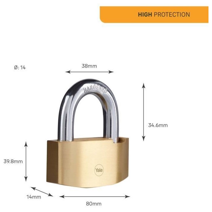 Cadenas de sécurité Hammer - YALE - Y2B/80/138/1 - Laiton 80 mm - Anse acier cémenté - 3 clés Cadenas de sécurité Hammer - YALE - Y2B/80/138/1 - Laiton 80 mm - Anse acier cémenté - 3 clés