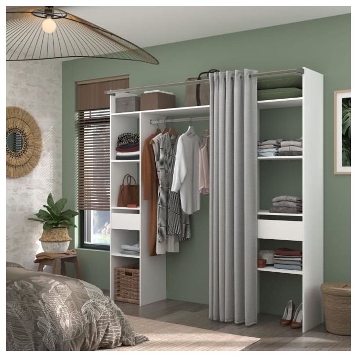 Kit dressing ARTIC avec rideau - Décor Blanc - 2 colonnes + 2 penderies + 2 tiroirs - L 198 x P 40 x H 203 cm - EKIPA Kit dressing ARTIC avec rideau - Décor Blanc - 2 colonnes + 2 penderies + 2 tiroirs - L 198 x P 40 x H 203 cm - EKIPA