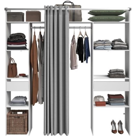 Kit dressing ARTIC avec rideau - Décor Blanc - 2 colonnes + 2 penderies + 2 tiroirs - L 198 x P 40 x H 203 cm - EKIPA