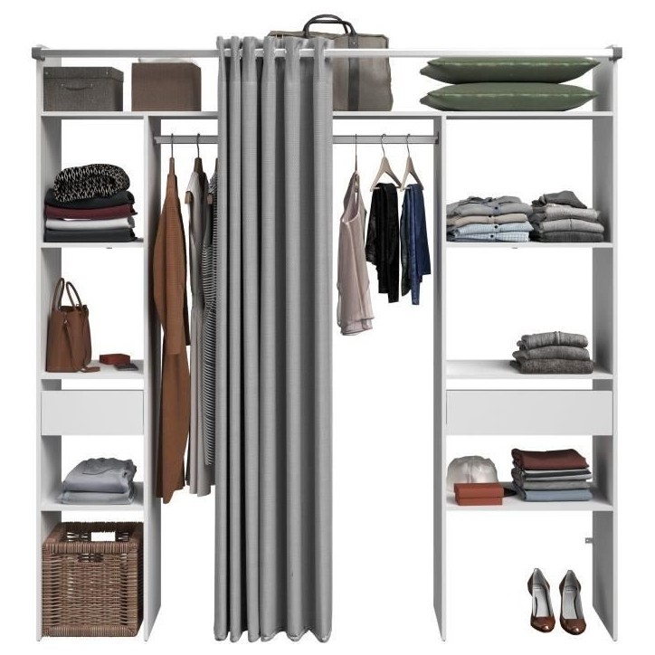 Kit dressing ARTIC avec rideau - Décor Blanc - 2 colonnes + 2 penderies + 2 tiroirs - L 198 x P 40 x H 203 cm - EKIPA Kit dressing ARTIC avec rideau - Décor Blanc - 2 colonnes + 2 penderies + 2 tiroirs - L 198 x P 40 x H 203 cm - EKIPA