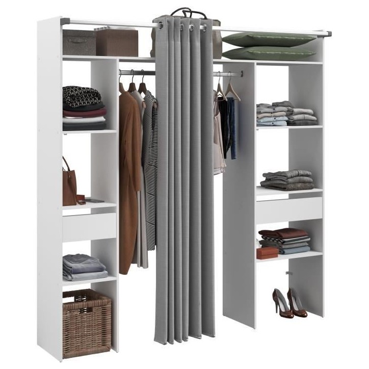 Kit dressing ARTIC avec rideau - Décor Blanc - 2 colonnes + 2 penderies + 2 tiroirs - L 198 x P 40 x H 203 cm - EKIPA Kit dressing ARTIC avec rideau - Décor Blanc - 2 colonnes + 2 penderies + 2 tiroirs - L 198 x P 40 x H 203 cm - EKIPA
