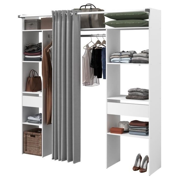 Kit dressing ARTIC avec rideau - Décor Blanc - 2 colonnes + 2 penderies + 2 tiroirs - L 198 x P 40 x H 203 cm - EKIPA Kit dressing ARTIC avec rideau - Décor Blanc - 2 colonnes + 2 penderies + 2 tiroirs - L 198 x P 40 x H 203 cm - EKIPA