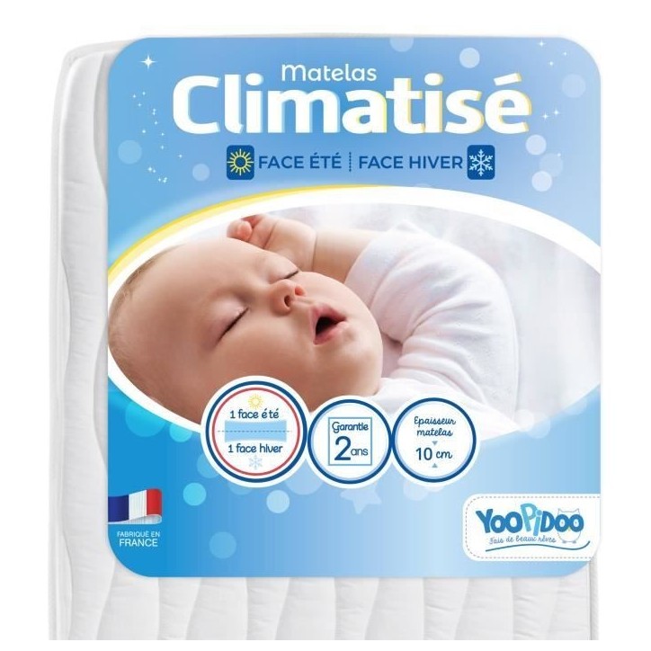 Yoopidoo - Matelas Bébé Climatisé - 60x120 cm - 1 face Été fraîche / 1 face Hiver ouatinée - Sans Traitement chimique Yoopidoo - Matelas Bébé Climatisé - 60x120 cm - 1 face Été fraîche / 1 face Hiver ouatinée - Sans Traitement chimique