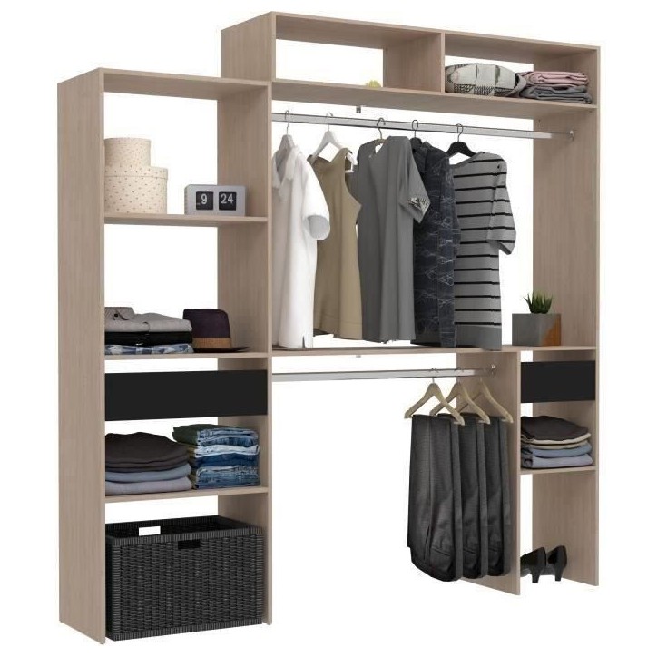 Kit dressing extensible ARTIC EKIPA - Chene et noir - 2 penderies + 2 tiroirs + Surmeuble - L198 x P40 x H202 cm Kit dressing extensible ARTIC EKIPA - Chene et noir - 2 penderies + 2 tiroirs + Surmeuble - L198 x P40 x H202 cm