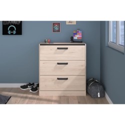 Commode - 3 tiroirs - Coloris Chene et noir - L80 x P44 x H88 cm - PAR