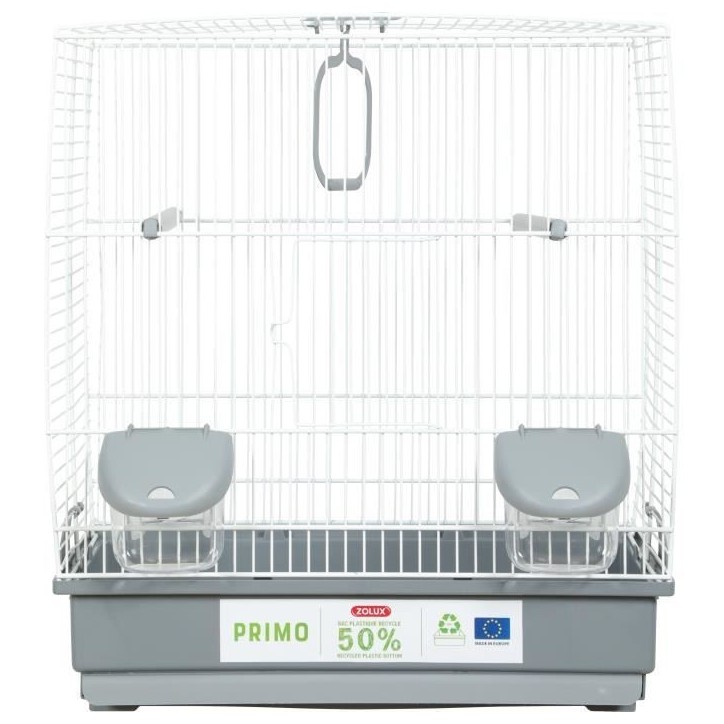 Cage d'élevage oiseaux - Zolux - Primo 40 x 25,5 x 44 cm - 2 perchoirs - 2 mangeoires - Balançoire - Blanc et gris