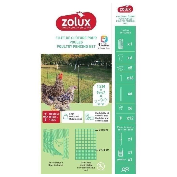 Kit filet clôtures pour poules - ZOLUX - 12m x 125 cm - Piquets en H - Porte d'acces - Sardines incluses
