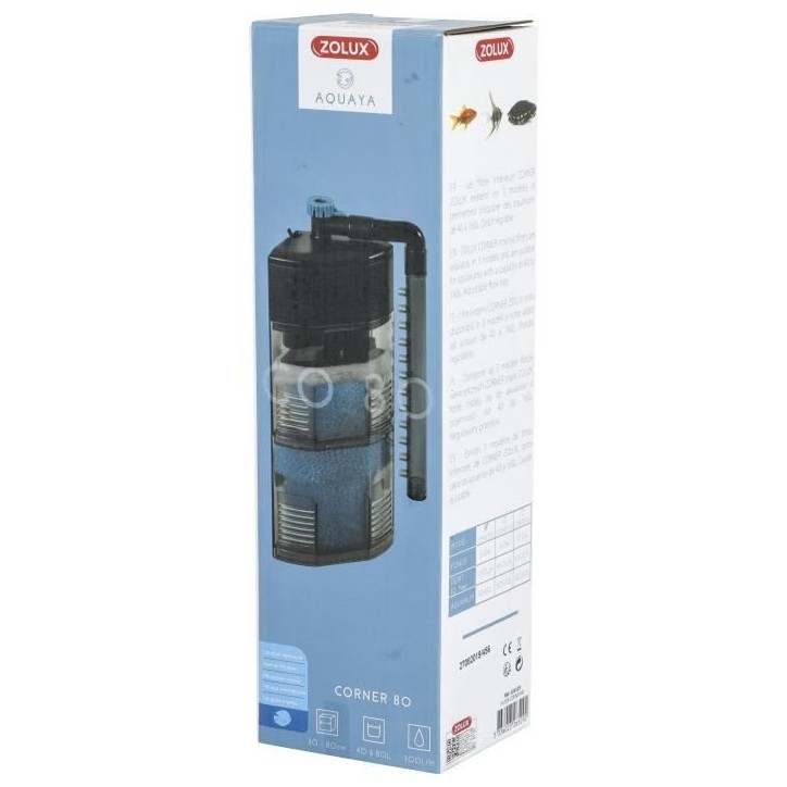 Filtre intérieur d'angle - Zolux - Pour aquarium de 40 a 80 L - Débit de 300 L/h - 5W Filtre intérieur d'angle - Zolux - Pour aquarium de 40 a 80 L - Débit de 300 L/h - 5W