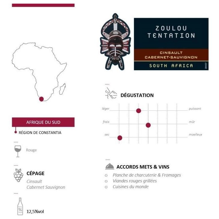 Zoulou Tentation Cinsault Cabernet Sauvignon - Vin rouge d'Afrique du Sud 2024 Zoulou Tentation Cinsault Cabernet Sauvignon - Vin rouge d'Afrique du Sud 2024