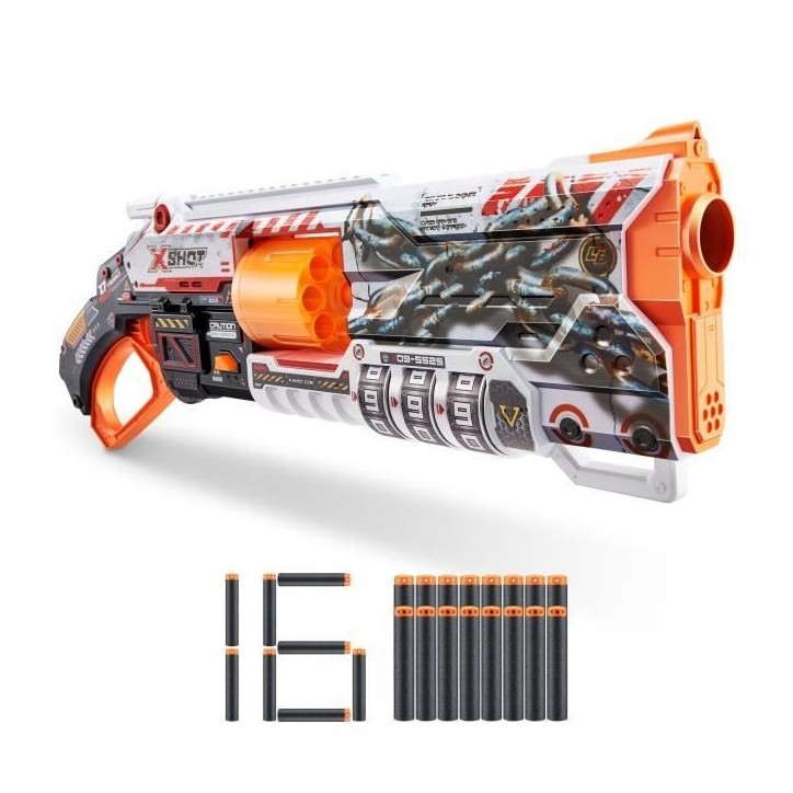 Blaster Verrouillable - ZURU - XSHOT Skins Lock Gun - Blaster avec combinaison de verrouillage et canon rotatif a 8 fléchettes
