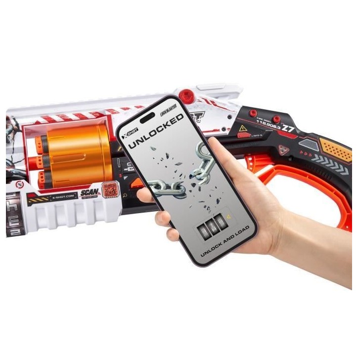 Blaster Verrouillable - ZURU - XSHOT Skins Lock Gun - Blaster avec combinaison de verrouillage et canon rotatif a 8 fléchettes