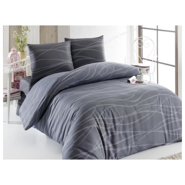Parure de lit - 1 housse de couette 220 x 240 cm + 2 taies d'oreiller 60 x 60 cm - 65% coton, 35% polyester - Gris