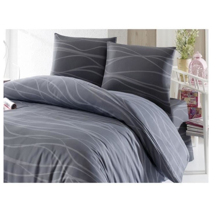 Parure de lit - 1 housse de couette 220 x 240 cm + 2 taies d'oreiller 60 x 60 cm - 65% coton, 35% polyester - Gris