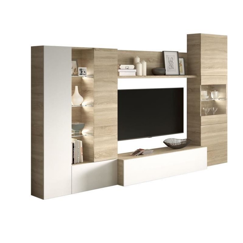 ESSENCIAL Meuble TV avec LED classique blanc brillant et décor chene