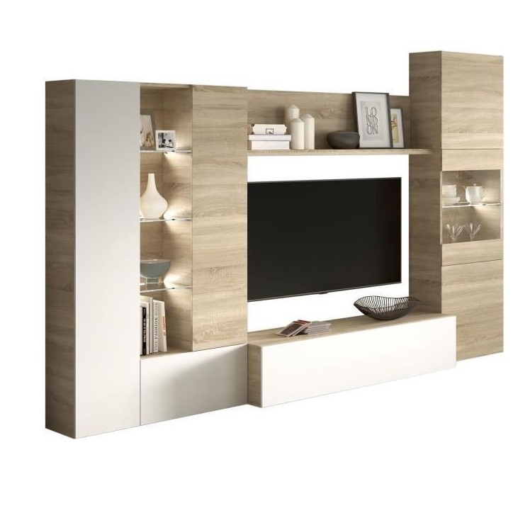 ESSENCIAL Meuble TV avec LED classique blanc brillant et décor chene - L 260 cm