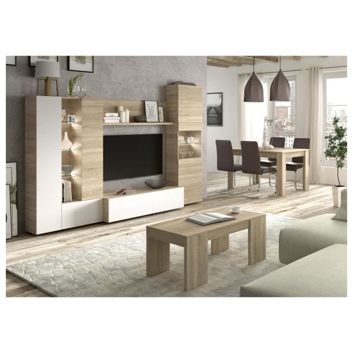 ESSENCIAL Meuble TV avec LED classique blanc brillant et décor chene - L 260 cm