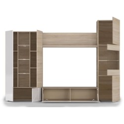 ESSENCIAL Meuble TV avec LED classique blanc brillant et décor chene