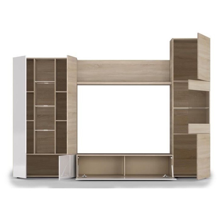 ESSENCIAL Meuble TV avec LED classique blanc brillant et décor chene - L 260 cm