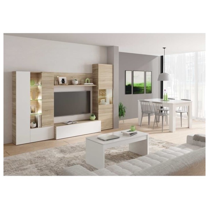 ESSENCIAL Meuble TV avec LED classique blanc brillant et décor chene - L 260 cm