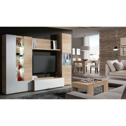 ESSENCIAL Meuble TV avec LED classique blanc brillant et décor chene