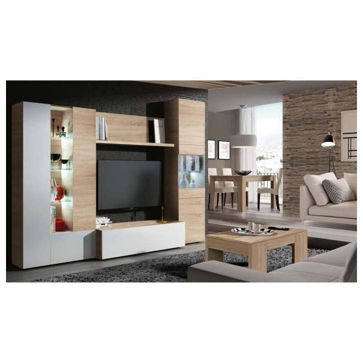 ESSENCIAL Meuble TV avec LED classique blanc brillant et décor chene - L 260 cm