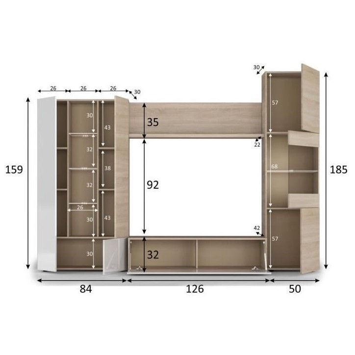 ESSENCIAL Meuble TV avec LED classique blanc brillant et décor chene - L 260 cm