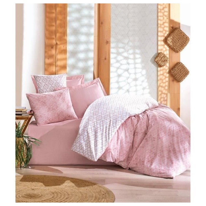 Parure de lit - 1 housse de couette 220 x 240 cm + 2 taies d'oreiller 60 x 60 cm - 100% coton renforcé - Rose